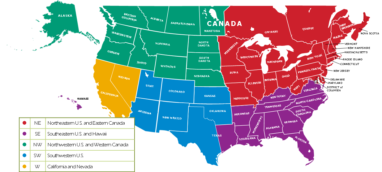 United States map color coded by inhalant panel regions